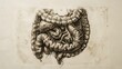 © Santorn - Detailed black and white anatomical illustration of the human digestive system, showcasing intestines and stomach against a neutral background.