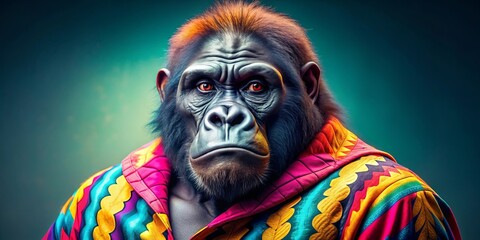 Hip gorilla in colorful clothes standing confidently, gorilla, fashion, colorful, clothes, trendy, stylish, animal, wildlife, confident