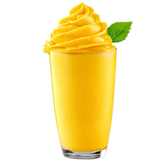 Poster - Refreshing mango smoothie in a glass with whipped topping and a leaf garnish. Perfect for summer and tropical vibes.