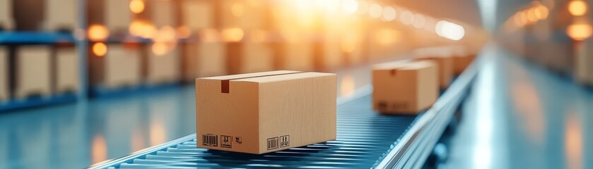 Cardboard Box Moving on Conveyor Belt in Warehouse