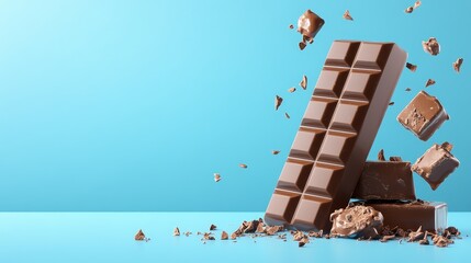 Chocolate Bar Falling and Breaking into Pieces on Blue Background