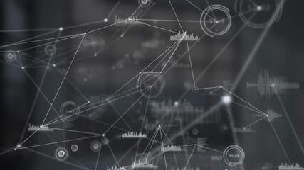 Network of connections and data processing animation over dark blurred background