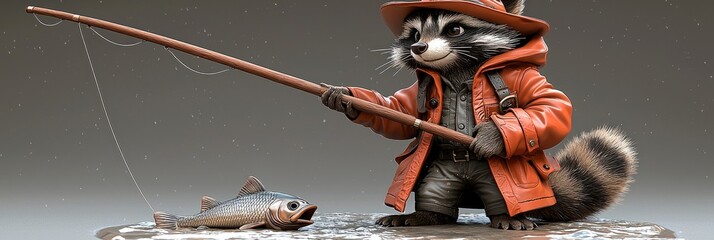 Wall Mural - Raccoon Fisherman with Catch