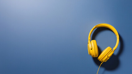 A close-up shot of yellow headphones on a bright blue background