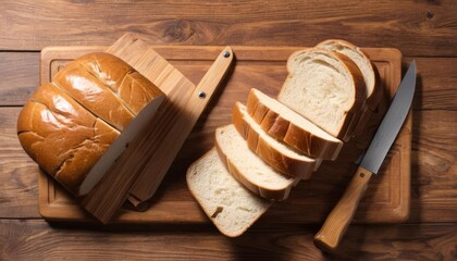  Freshly sliced bread on a wooden cutting board