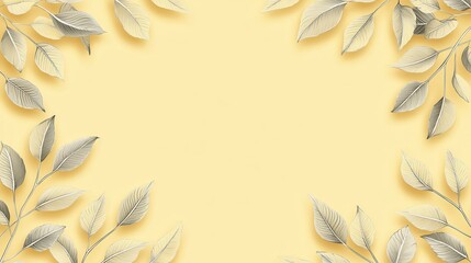 Poster - Minimalist White Leaves Border on Yellow Background.