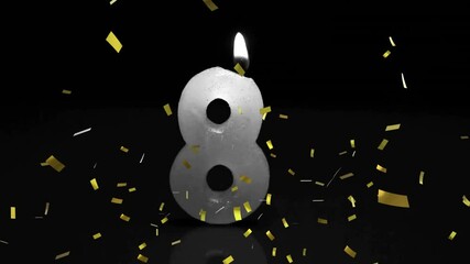 Sticker - Number 8 candle with flame and falling confetti  animation in celebration scene