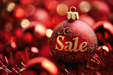 Sticker - Red Christmas ornament hanging on a tree, surrounded by holiday decorations. Sale tags visible in the background, capturing a festive atmosphere.