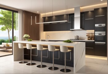 Residential interior of modern kitchen in luxury mansion, 3d rendering