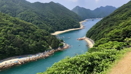 Canvas Print -  Tranquil waters nestled between lush green mountains