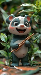 Wall Mural - Cute Cartoon Panda Playing a Bamboo Flute in a Lush Green Forest