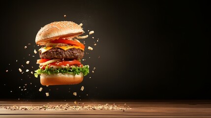 Wall Mural - Delicious Hamburger with Flying Toppings on Wooden Table