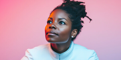 Portrait of an African American Woman Astronaut in Space Suit with Neon Lights on Gradient Background, Featuring Space for Text and Futuristic Elements. Emphasizing Space Exploration and Diversity.