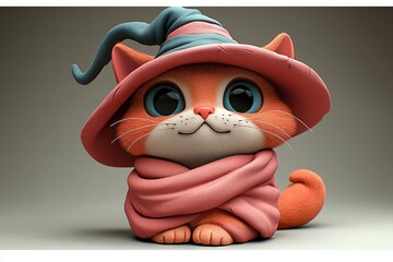 Canvas Print - Cute Cartoon Cat Wearing a Hat and Scarf