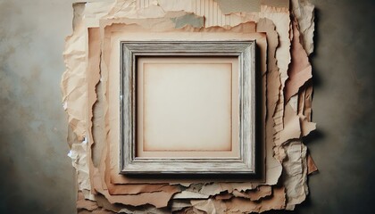 An empty, aged paper frame surrounded by layers of torn, textured paper with rough edges, in a grunge style. The paper layers are weathered, with visible creases and faded colors, creating a rustic an