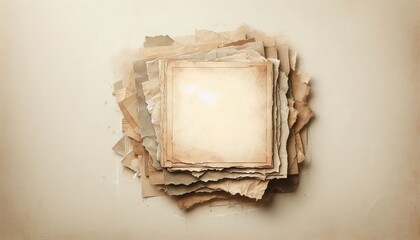 An empty, aged paper frame surrounded by layers of torn, textured paper with rough edges, in a grunge style. The paper layers are weathered, with visible creases and faded colors, creating a rustic an