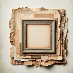 An empty, aged paper frame surrounded by layers of torn, textured paper with rough edges, in a grunge style. The paper layers are weathered, with visible creases and faded colors, creating a rustic an