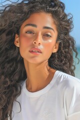 Wall Mural - Close-up portrait of a woman with brown hair and a stylish hairpiece, showcasing a unique jheri curl hairstyle.