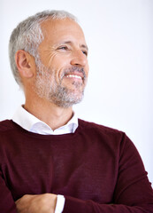 Poster - Thinking, happy and mature business man in studio for problem solving, brainstorming and solution. Professional, corporate worker and face of person on white background for career, job or inspiration