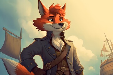 Wall Mural - there is a cartoon fox that is standing in front of a ship