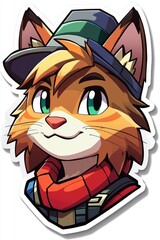 Sticker - Cute Cartoon Cat Wearing a Hat and Scarf