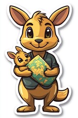 Sticker - Cute Kangaroo Holding Map with Joey in Pouch Cartoon Character Sticker