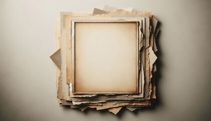 An empty, aged paper frame surrounded by layers of torn, textured paper with rough edges, in a grunge style. The paper layers are weathered, with visible creases and faded colors, creating a rustic an