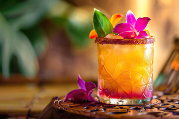 Vibrant tropical cocktail beautifully garnished with colorful flowers on a rustic wooden table in a serene setting 