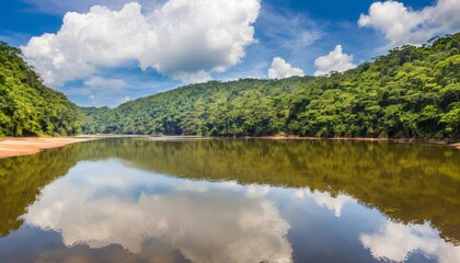 Wall Mural -  Tranquil lake nestled amidst lush greenery under a clear sky