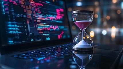 An hourglass with pink sand sits on a laptop keyboard displaying complex data analysis, representing the intersection of time and digital technology.