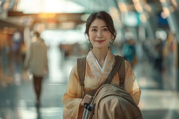 Wall Mural - In bustling international airport terminal on a sunny summer morning, a wide-angle view captures vibrant scene as an elegant Asian woman, adorned in traditional attire, gracefully navigates bustling 