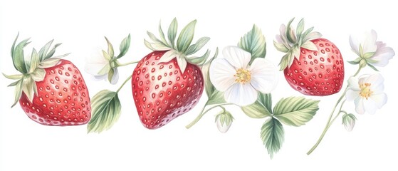 Wall Mural - Three red strawberries are surrounded by green leaves and white flowers