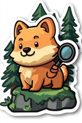 Poster - Cute Cartoon Fox Holding Magnifying Glass in Forest