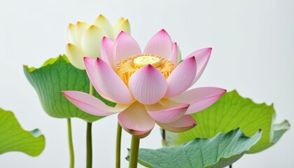 Wall Mural -  Elegance in bloom  Pink lotus flower with vibrant green leaves