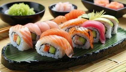 Wall Mural -  Delicious sushi platter with a variety of fresh ingredients