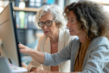 Two professional Caucasian women collaborating effectively at a computer in a modern office environment