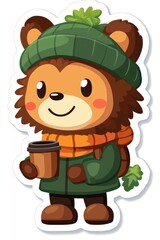 Sticker - Cute Cartoon Lion Holding a Cup of Coffee in Winter