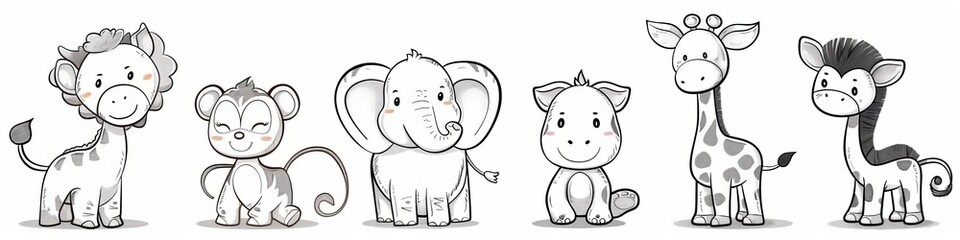 African cute animals - Elephant, Zebra, Giraffe, Monkey and Gazelle, simple thick lines kids or children cartoon coloring book pages. Clean drawing can be ized to illustration. Generative AI