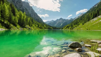 Wall Mural -  Tranquil mountain lake a serene escape