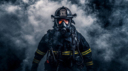 Firefighter in Smoke with Gas Mask and Helmet