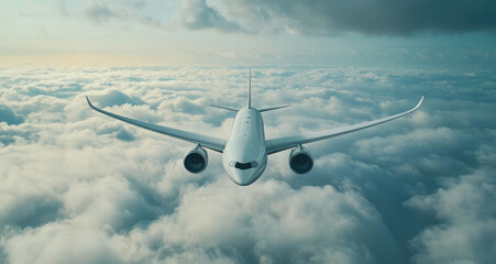 Poster - A white Boeing airplane flying through the clouds