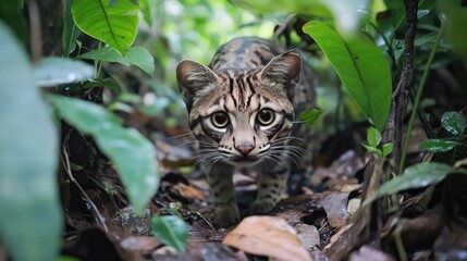 Wall Mural - A Wild Cat Peering Through Lush Green Foliage