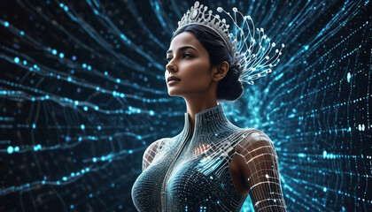 Wall Mural - Beautiful Indian woman being created in cyber space by intelligent neural network