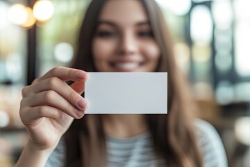 woman holding a blank card and smiling proudly