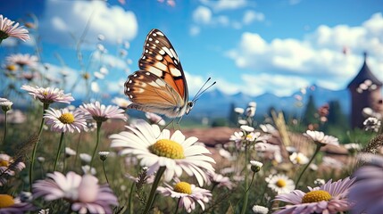 Canvas Print - Butterfly on wild field floral sunny field meadow ,daisies, cornflowers, lavender ,poppy flowers  