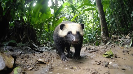 Wall Mural - A Black-and-White Olinguito in a Lush Jungle Setting