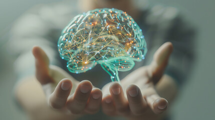 Human hands holding a digital brain with neural network connections