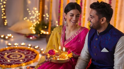 Wall Mural - Happy Diwali, happy Indian couple  holding diya, celebrating Diwali, the festival of lights.