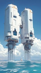 Two Futuristic Buildings on Stilts in the Ocean