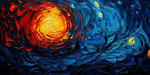 Wall Mural - A painting of a sun with a swirl of red and blue colors